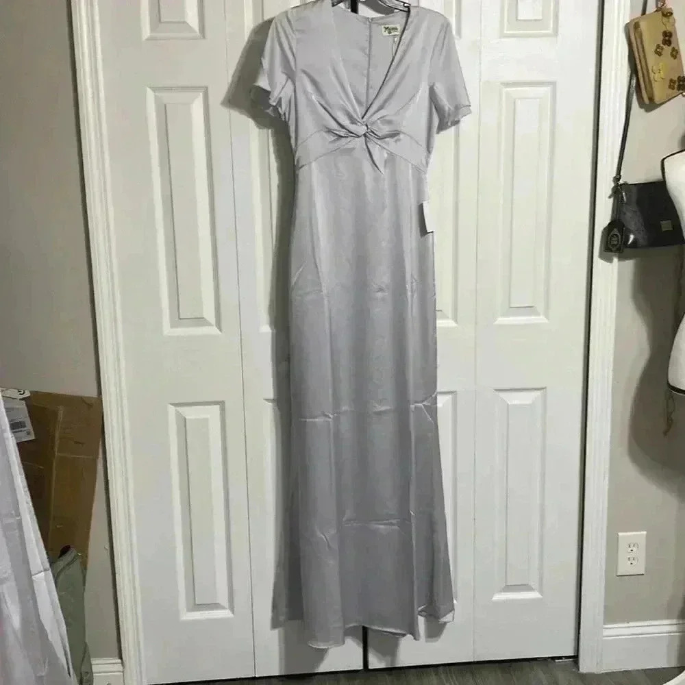 Show me your Mumu Rome Twist satin gray empire waist dress XSMALL SMALL. LARGE